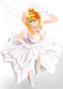 1girl alternate_costume arm_up armpit_crease bare_shoulders blonde_hair blue_eyes breasts cleavage collarbone commentary_request dress foreshortening from_above full_body gloves goddess_of_victory:_nikke grin hair_between_eyes hand_on_own_hip high_heels highres large_breasts looking_at_viewer maxwell_(nikke) nerin_ekaki o-ring_dress shadow shoes short_hair short_hair_with_long_locks sidelocks simple_background sleeveless sleeveless_dress smile solo standing teeth white_background white_dress white_gloves white_shoes