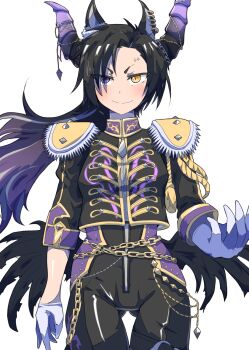 &gt;:) 1girl air_shakur_(belphegor&#039;s_prime)_(umamusume) air_shakur_(umamusume) animal_ears black_hair black_jacket black_pants brown_eyes closed_mouth commentary_request cowboy_shot eyebrow_piercing face_piercing floating_hair gloves gluteal_fold gradient_hair half_gloves heterochromia highres horns horse_ears jacket long_hair multicolored_hair pants piercing purple_eyes purple_hair short_eyebrows simple_background smile solo takobutter thick_eyebrows thigh_gap umamusume v-shaped_eyebrows very_long_hair white_background white_gloves