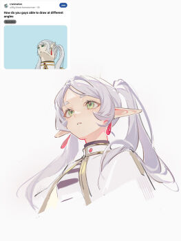 1girl absurdres capelet chinese_commentary commentary_request cropped_torso earrings elf frieren from_below green_eyes highres jewelry long_hair long_pointy_ears meme parted_bangs parted_lips pointy_ears reference_inset rookive short_eyebrows sidelocks simple_background solo sousou_no_frieren teardrop_earrings twintails upper_body upward_angle_frieren_drawing_(meme) white_capelet white_hair