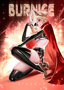 1girl :q absurdres bare_shoulders black_choker black_gloves black_skirt black_thighhighs black_tube_top blonde_hair breasts burnice_white cape character_name choker commentary cosplay crop_top elbow_gloves fingerless_gloves fingernails gloves gold_shoes high_heels highres holding holding_mask hollow_knight hollow_knight:_silksong hornet_(hollow_knight) hornet_(hollow_knight)_(cosplay) large_breasts looking_at_viewer mask navel on_one_knee red_cape red_eyes ringeko-chan shoes short_hair short_twintails skirt solo squatting stomach strapless thighhighs tinted_eyewear tongue tongue_out tube_top twintails underboob zenless_zone_zero