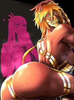 2girls arrancar ass bare_back bare_shoulders black_background black_tape_project bleach blonde_hair bottle breasts colored_eyelashes covering_own_mouth cyan_sung-sun dark-skinned_female dark_skin espada green_eyes hand_on_own_head highres holding holding_bottle large_breasts mask medium_hair multiple_girls simple_background soyuz001 sweat tier_harribel