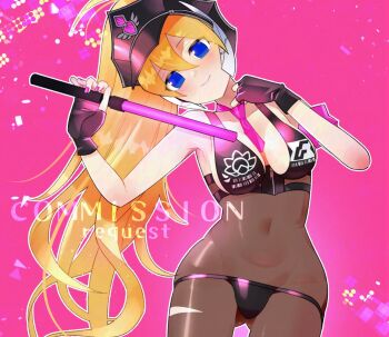 1girl bare_shoulders black_bra black_hat black_pantyhose blonde_hair blue_eyes blush bra breasts ciel_(mega_man) closed_mouth collarbone commission cosplay cowboy_shot fate/grand_order fate_(series) hat high-waist_pantyhose high_ponytail long_hair medium_breasts mega_man_(series) mega_man_zero_(series) pantyhose pink_background police police_uniform policewoman ponytail rikka_(user_hruv2435) sessyoin_kiara sessyoin_kiara_(cosplay) sessyoin_kiara_(swimsuit_mooncancer)_(second_ascension) simple_background solo tanaka_rie underwear