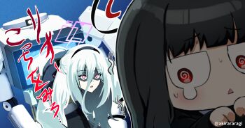 2girls @_@ a-kiraa_(whisper) artist_name black_hair black_hairband black_halo blue_archive bright_pupils commentary_request hair_between_eyes hairband halo highres kei_(blue_archive) kei_(new_body)_(blue_archive) long_hair long_hair_between_eyes multicolored_halo multiple_girls non-humanoid_robot parody rectangular_halo red_eyes ringed_eyes rio_(blue_archive) robot shaded_face single_tear tears through_medium through_screen triangle_mouth two-tone_halo white_background white_pupils yamamura_sadako