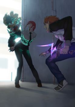 Rule 34 | 1girl, 2boys, antonio malara, battle, black necktie, black pants, boku no hero academia, braid, braided ponytail, business suit, chainsaw man, commission, crossover, emiya shirou, fate/stay night, fate (series), formal clothes, highres, jacket, makima (chainsaw man), midoriya izuku, multiple boys, necktie, pants, red hair, rule breaker (fate), shirt tucked in, suit, superhero costume