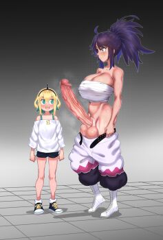 1futa 1girl absurdres amano_pikamee amano_pikamee_(1st_costume) bandages belt blonde_hair blush boots breasts clothes clothes_pull curvy erection flat_chest futa_with_female futanari green_eyes green_hair grid_background headband highres huge_breasts huge_penis indie_virtual_youtuber kson lace-up_boots large_breasts large_testicles looking_at_another looking_at_penis makinakid multicolored_hair multiple_girls navel open_belt open_mouth pants pants_pull penis penis_awe ponytail presenting purple_eyes purple_hair sarashi shirt shoes size_difference souchou standing streaked_hair surprised testicles uncensored veins veiny_penis virtual_youtuber voms