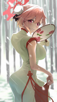 1girl absurdres blue_archive bun_cover china_dress chinese_clothes clothes_lift double_bun dress from_behind hair_bun halo hand_fan highres holding holding_fan lifting_own_clothes looking_at_viewer looking_back official_alternate_costume oko_(shazz_ocho) pelvic_curtain pelvic_curtain_lift pink_eyes red_halo smile solo tomoe_(blue_archive) tomoe_(qipao)_(blue_archive) turtleneck turtleneck_dress white_dress