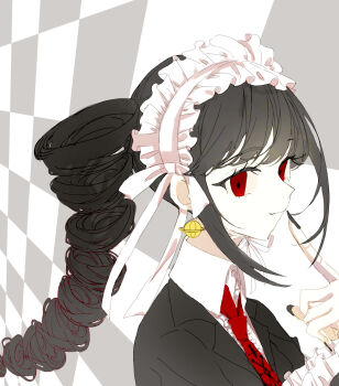 1girl black_hair black_jacket black_nails celestia_ludenberg cho_koko-kyu_no_washi collared_shirt danganronpa:_trigger_happy_havoc danganronpa_(series) drill_hair earrings frills from_side grey_background hand_up headdress highres jacket jewelry lolita_fashion long_hair nail_polish necktie red_eyes shirt smile solo twin_drills twintails white_background white_shirt