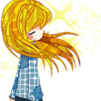 1girl abcdef-t blonde_hair blue_shirt blush_stickers closed_eyes collage_(medium) commentary faux_traditional_media floral_print hashtag-only_commentary highres long_hair long_sleeves no_mouth pitcher56 portrait shirt solo sparkle upper_body