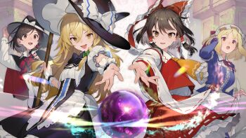 4girls ascot black_bow black_capelet black_hat black_skirt blonde_hair bow bowtie braid broom brown_eyes brown_hair capelet center_frills collared_shirt cowboy_shot curiosities_of_lotus_asia detached_sleeves diagonal-striped_bow dress dress_shirt frilled_hair_tubes frilled_shirt_collar frilled_skirt frills game_cg gohei green_bow hair_bow hair_tubes hakurei_reimu hand_on_own_hat hat hat_bow highres holding holding_broom holding_gohei kirisame_marisa labyrinth_of_touhou_(series) labyrinth_of_touhou_tri long_hair long_sleeves maribel_hearn medium_hair mob_cap multiple_girls neck_ribbon non-web_source official_art open_mouth orb pillar puffy_short_sleeves puffy_sleeves purple_dress reaching red_bow red_bowtie red_capelet red_eyes red_shirt red_skirt ribbon ribbon-trimmed_skirt ribbon-trimmed_sleeves ribbon_trim shirt short_sleeves side_braid skirt skirt_set sleeveless sleeveless_shirt smile striped_bow teeth touhou two-sided_capelet upper_teeth_only usami_renko very_long_hair white_bow white_hat white_shirt witch_hat wrist_cuffs yellow_ascot yellow_eyes