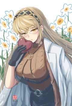 Rule 34 | 1girl, blonde hair, blush, breasts, coat, commentary request, demeter (fate), fate/grand order, fate (series), glasses, highres, large breasts, long hair, looking at viewer, skirt, solo, tetsu no samurai, valentine, white coat, yellow eyes