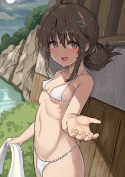 1girl absurdres bikini breasts brown_eyes brown_hair cameltoe collarbone commentary_request covered_erect_nipples cowboy_shot day from_side hair_between_eyes hair_bun hair_ornament hairclip hand_up highres holding holding_towel long_bangs long_sidelocks looking_at_viewer looking_to_the_side navel open_mouth original outdoors outstretched_hand parallel_hairclips pov reaching reaching_towards_viewer shade sidelocks single_hair_bun small_breasts smile solo standing stomach string_bikini susu_(ysy) swimsuit towel turning_head white_bikini wispy_bangs