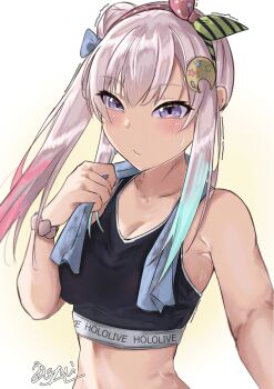 1girl absurdres airani_iofifteen commentary desagi english_commentary hair_bun hair_ornament hairband highres holding holding_towel hololive hololive_indonesia long_hair long_sidelocks looking_at_viewer midriff outstretched_arm pink_hair polka_dot_hairband purple_eyes side_ponytail side_up_bun sidelocks signature simple_background solo sportswear sweat towel towel_around_neck upper_body virtual_youtuber