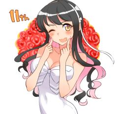 Rule 34 | 1girl, anniversary, black hair, blush, breasts, cleavage, covered navel, dress, fang, flower, hair between eyes, hairband, index finger raised, kantai collection, kusanagi tonbo, long hair, looking at viewer, medium breasts, multicolored hair, naganami (kancolle), nail polish, one eye closed, open mouth, pink hair, pink nails, red flower, red rose, rose, simple background, solo, strapless, strapless dress, sweat, wavy hair, white background, white dress