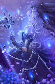 1girl absurdres arm_cutout balcony bare_shoulders black_arm_warmers black_dress black_veil blue_eyes blue_fire blue_flower blue_lips blue_rose bone bridal_veil bride candle candlestand chinese_commentary closed_mouth clothing_cutout commentary_request cowboy_shot dress expressionless eyelashes falling_petals fire floating_clothes flower hair_flower hair_ornament highres holding holding_candle infinity_nikki lace_arm_warmers light_blush lipstick long_hair looking_at_viewer makeup nameless_selfless_(infinity_nikki) night nikki_(series) off-shoulder_dress off_shoulder one_eye_covered outdoors parted_bangs petals pointy_nose purple_flower purple_rose rose rose_petals short_sleeves solo standing veil very_long_hair wavy_hair wedding_dress white_flower white_hair white_rose zibuyugu