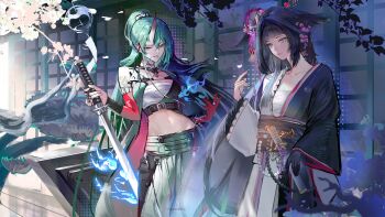 2girls architecture arknights asymmetrical_sidelocks asymmetrical_sleeves bandaged_chest belt black_coat black_gloves black_hair black_kimono black_sash blue_eyes blue_fire blunt_bangs bracelet breasts cherry_blossoms chest_sarashi cleavage closed_mouth coat collar collarbone cowboy_shot double-parted_bangs earrings east_asian_architecture elbow_gloves emblem eyeliner falling_petals fire flower gloves gradient_horns green_hair grey_horns hair_between_eyes hair_flower hair_intakes hair_ornament hair_wings hakama hakama_pants hannya_(arknights) high_belt high_ponytail highres holding holding_sword holding_weapon hoop_earrings horns hoshiguma_(arknights) hoshiguma_the_breacher_(arknights) japanese_clothes jewelry katana kimono long_hair long_sidelocks long_sleeves lonki looking_at_viewer makeup midriff mio_(arknights) multicolored_horns multiple_girls multiple_rings navel obi obiage obijime official_alternate_costume oni outdoors pants parted_lips pearl_bracelet pearl_hair_ornament petals pink_flower pink_petals pleated_pants ponytail purple_flower red_coat red_eyeliner red_gloves reverse_grip ring sarashi sash short_sword shouji sidelocks single_glove single_horn skin-covered_horns sliding_doors smile split-color_clothes standing sword tantou two-sided_coat two-sided_fabric two-tone_kimono underbust very_long_hair weapon white_collar white_hakama white_kimono white_pants wide_sleeves wind_chime yellow_eyes