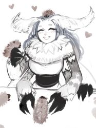1girl absurdres antennae arthropod_girl bad_id bad_tumblr_id bug closed_eyes dress extra_arms female_focus fur_collar hand_up heart highres insect insect_girl larva long_sleeves matilda_fiship monster_girl moth moth_girl mother_lumi_(matilda_fiship) original sash simple_background smile solo upper_body white_background white_dress