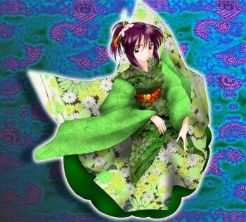 Rule 34 | 1girl, bad id, brown eyes, closed mouth, floral print, floral print kimono, full body, green kimono, hair ornament, japanese clothes, kimono, morii kaho, namamo nanase, obi, ponytail, print kimono, purple hair, red sash, sash, sentimental graffiti, short hair, solo, standing, train (clothing), wide sleeves