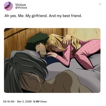 blonde_hair blue_eyes brown_eyes couple cowboy_bebop curly_hair green_hair grey_eyes grey_hair julia_(cowboy_bebop) lucyguusi on_bed spike_spiegel vicious_(cowboy_bebop)