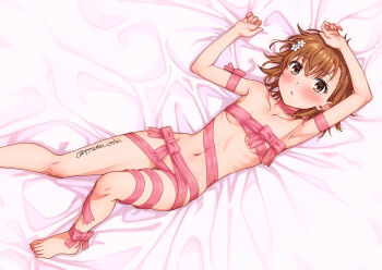 1girl :< artist_name barefoot bed_sheet blush bow breasts brown_eyes brown_hair closed_mouth commentary_request flower hair_bow hair_flower hair_ornament isshi_pyuma looking_at_viewer lying misaka_mikoto naked_ribbon navel on_back pink_bow pink_ribbon ribbon short_hair small_breasts solo toaru_kagaku_no_railgun toaru_majutsu_no_index toes twitter_username