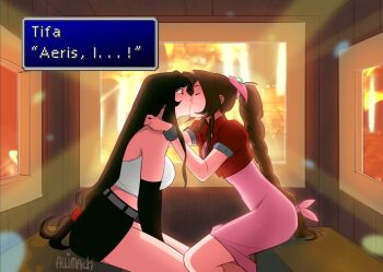 2girls aerith_gainsborough arms_around_neck artist_name bangle bare_shoulders belt black_gloves black_hair black_skirt blush bracelet braid braided_ponytail breasts brown_hair character_name closed_eyes couple crop_top cropped_jacket dialogue_box dress elbow_gloves final_fantasy final_fantasy_vii gloves gondola grey_belt hair_bobbles hair_ornament hair_ribbon hair_tie highres jacket jewelry kiss large_breasts long_dress long_hair low-tied_long_hair materia medium_breasts midriff miniskirt multiple_girls parted_bangs pink_dress pink_ribbon puffy_short_sleeves puffy_sleeves red_eyes red_jacket ribbon shirt short_sleeves sidelocks single_braid sitting skirt skirtzzz sleeveless sleeveless_shirt tifa_lockhart white_shirt yuri