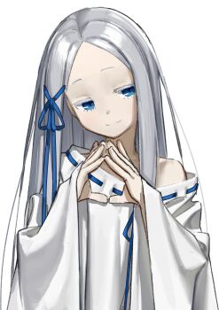 Rule 34 | 1girl, blue eyes, commentary request, dress, forehead, grey hair, hair ribbon, hdk moon, highres, long hair, looking at viewer, pandora (re:zero), parted bangs, re:zero kara hajimeru isekai seikatsu, ribbon, single bare shoulder, sketch, smile, solo, steepled fingers, upper body, white dress