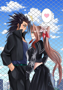 1boy 1girl ^^^ absurdres aerith_gainsborough aerith_gainsborough_(midgard_seventh_high_school) black_gloves black_hair black_jacket black_pants black_sailor_collar black_serafuku black_skirt blue_eyes blue_shirt blue_sky blush brown_hair cloud cloudy_sky commentary couple cowboy_shot cropped_jacket cropped_shirt delinquent english_commentary final_fantasy final_fantasy_vii final_fantasy_vii:_ever_crisis floral_print_shirt flower from_side gakuran gloves green_eyes groping hair_flower hair_ornament hair_ribbon hand_on_another's_crotch heart height_difference high_ponytail highres jacket jewelry long_hair looking_at_another midriff neckerchief necklace official_alternate_costume okazakitsuna outdoors pants parted_bangs parted_lips pink_ribbon ponytail popped_collar profile ribbon rooftop sailor_collar school_uniform serafuku shirt skirt sky spiked_hair spoken_heart sukeban white_flower white_neckerchief zack_fair zack_fair_(midgard_seventh_high_school)