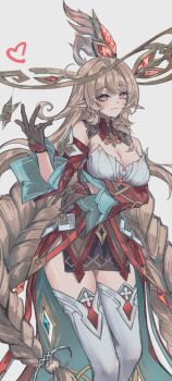 1girl alice_(genshin_impact) aqua_dress aqua_gemstone aqua_sleeves arm_under_breasts braid breasts brown_eyes brown_gloves cleavage closed_mouth coattails collar cowlick cross cross-shaped_pupils cross_print detached_collar detached_sleeves dress eyelashes feather_hair_ornament feathers frilled_gloves frills gem gem_hair_ornament genshin_impact gloves gold_halo hair_intakes hair_ornament hand_up heart highres large_breasts layered_sleeves long_hair looking_at_viewer low_twin_braids pelvic_curtain pink_lips pointy_ears red_collar red_dress red_gemstone red_sleeves single_bare_shoulder smile solo strapless strapless_dress swept_bangs symbol-shaped_pupils thighhighs toona79826316 twin_braids two-sided_dress two-sided_fabric very_long_hair vision_(genshin_impact) white_background white_thighhighs