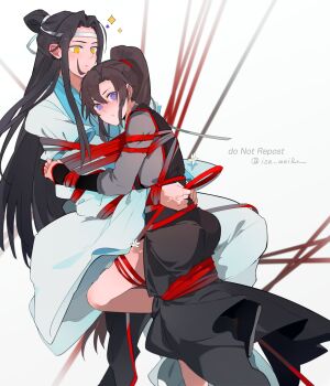 2boys adapted_costume ahoge ass bare_legs bdsm bishounen black_hair black_hanfu blush bondage bound bound_arms brown_hair chinese_clothes closed_mouth hanfu headband high_ponytail highres hug iza_mairu lan_wangji long_hair long_sleeves looking_at_another looking_at_viewer male_focus modao_zushi multiple_boys ponytail purple_eyes red_ribbon restrained ribbon ribbon_bondage robe rope sidelocks simple_background sleeves_past_wrists sparkle topknot tunic twitter_username very_long_hair wei_wuxian wei_wuxian_(yunmeng_clan) white_background white_hanfu white_headband wide_sleeves yaoi yellow_eyes