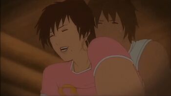 1boy 1girl absurdres anal animated animated_gif anime_screenshot brown_hair eirka_(ova) from_behind gyo_(ova) highres on_bed sex smile