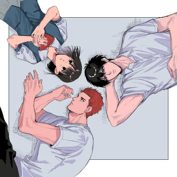 1girl 2boys a_nzi_end akagi_haruko black_hair blue_vest bow buttons commentary_request grey_skirt highres lying multiple_boys on_back on_side red_bow red_hair rukawa_kaede sakuragi_hanamichi short_hair short_sleeves skirt slam_dunk_(series) vest