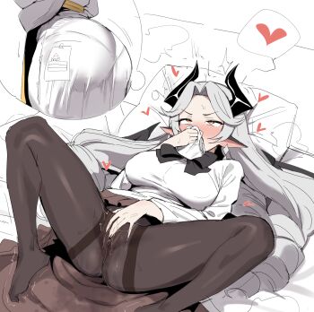 2girls ass black_horns black_pantyhose blush breasts commentary_request female_masturbation fingering fingering_through_clothes grey_hair head_on_pillow heart highres holding holding_panties holding_underwear holding_unworn_clothes horns imagining korean_commentary large_breasts leader_(trickcal) long_hair long_sleeves lying masturbation multiple_girls no_shoes on_back panties pantyhose pillow pointy_ears pussy_juice shirt smelling smelling_clothes smelling_underwear speech_bubble spoken_heart spread_legs thought_bubble through_clothes trickcal underwear vivi_(trickcal) white_panties white_shirt xipa yellow_eyes yuri