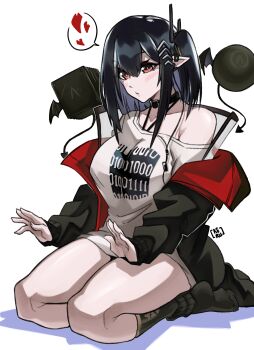 absurdres arknights artist_name black_choker black_hair black_jacket black_socks blush breasts choker closed_mouth closure_(arknights) collarbone commentary drone english_commentary full_body hair_between_eyes headpiece heart highres jacket keru-the-green large_breasts legs long_hair looking_at_viewer open_clothes open_jacket pointy_ears red_eyes shadow shirt simple_background single_bare_shoulder socks solo speech_bubble spoken_heart two-sided_fabric two-sided_jacket white_background white_shirt