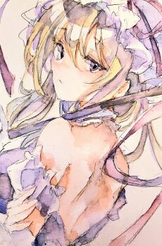 1girl absurdres back bare_back bare_shoulders blonde_hair choker commentary dress elbow_gloves expressionless from_behind gloves hair_between_eyes hand_on_own_arm hat highres holding holding_umbrella kamu_kotan long_hair looking_at_viewer looking_back mob_cap off-shoulder_dress off_shoulder purple_dress purple_eyes solo touhou traditional_media umbrella white_gloves yakumo_yukari