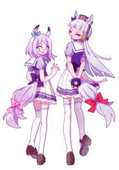2girls absurdres animal_ears aqua_bow blunt_bangs blush bow bowtie breasts brown_hat closed_eyes ear_bow gold_ship_(umamusume) grey_hair grin hat highres holding holding_ribbon horse_ears horse_girl horse_tail kitnoko long_hair mejiro_mcqueen_(umamusume) multiple_girls open_mouth pillbox_hat pink_bow pleated_skirt puffy_short_sleeves puffy_sleeves purple_bow purple_bowtie purple_eyes purple_hair purple_shirt red_bow ribbon sailor_collar sailor_shirt school_uniform shirt short_sleeves simple_background skirt smile tail tail_bow tail_ornament teeth thighhighs tracen_school_uniform umamusume white_background white_sailor_collar white_skirt white_thighhighs