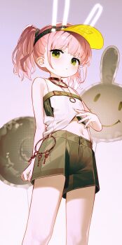 1girl animal_ears blush brown_shorts closed_mouth clothes_lift expressionless fake_animal_ears feet_out_of_frame from_below fymrie girls'_frontline girls'_frontline_neural_cloud green_eyes highres key keyring lifting_own_clothes looking_at_viewer navel pink_hair rabbit_balloon rabbit_ears shirt shirt_lift short_shorts shorts sleeveless sleeveless_shirt solo taisch_(neural_cloud) twintails visor_cap white_shirt
