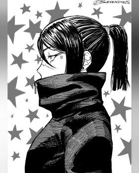 1girl breasts commentary covered_mouth earrings eyeliner facial_mark from_side greyscale hatching highres instagram_username jacket jewelry large_breasts makeup monochrome original pillarboxed portrait scar scar_on_face scar_on_nose seveninks solo star_(symbol) stud_earrings