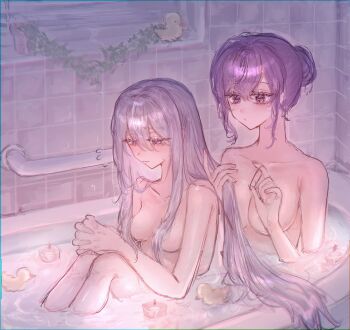 Rule 34 | 2girls, absurdres, asahina mafuyu, bare shoulders, bathtub, blush, candle, closed mouth, commentary request, convenient hair, grey hair, hair between eyes, highres, in bathtub, kanamahukure, long hair, multiple girls, nude, plant, potted plant, project sekai, purple eyes, purple hair, rubber duck, updo, very long hair, yoisaki kanade, yuri