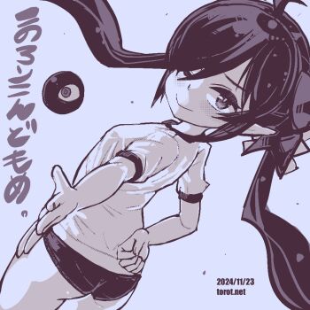 1girl ;) ahoge ass backbeako_(torotei) backbeard blush breasts buruma commentary dated dated_commentary dutch_angle from_behind gegege_no_kitarou gym_shirt hair_over_one_eye hair_ribbon hand_on_own_hip kono_lolicon_domome long_hair looking_at_viewer looking_back monochrome one_eye_closed original outstretched_arm paid_reward_available pointy_ears ribbon shirt short_sleeves simple_background small_breasts smile solo torotei translated twintails watermark web_address white_background