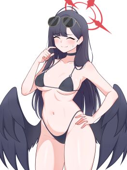 1girl absurdres bikini black_bikini black_choker black_hair black_wings blue_archive breasts choker commentary_request cross_halo eyewear_on_head feathered_wings halo highleg highleg_bikini highres ichika_(blue_archive) ichika_(swimsuit)_(blue_archive) korean_commentary long_hair low_wings medium_breasts navel o-ring o-ring_bikini o-ring_top official_alternate_costume red_halo revision rude_(pfhc4237) smile sunglasses sweatdrop swimsuit very_long_hair wings