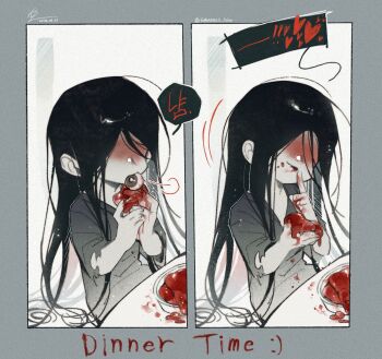 Rule 34 | 1boy, black hair, black kimono, blood, blood on face, blood on hands, cannibalism, commentary request, eating, english text, eyeball, flesh, highres, homicipher, japanese clothes, kimono, korean commentary, korean text, long hair, male focus, mixed-language text, mr. crawling, sitting, sweeeet him, table, translation request, very long hair