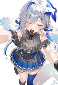 Rule 34 | 1girl, amane kanata, amane kanata (work), angel wings, asymmetrical legwear, belt, beret, black dress, black gloves, black socks, blue belt, blue hair, blue thighhighs, blue wings, candy, chocolate, chocolate heart, colored inner hair, commentary request, dress, feathered wings, food, food in mouth, frilled dress, frills, gloves, gradient wings, grey hair, hair ornament, hair rings, hairclip, halo, hat, heart, heart-shaped food, highres, hololive, incoming food, incoming kiss, jewelry, kneehighs, long hair, low twintails, mini wings, mismatched legwear, mouth hold, multicolored hair, multicolored wings, necklace, off-shoulder dress, off shoulder, official alternate costume, official alternate hairstyle, outstretched arms, pink streaks, pleated dress, pouch, pov, reaching, reaching towards viewer, shadow, short dress, short hair, simple background, single hair intake, single kneehigh, single sock, single thighhigh, socks, solo, star (symbol), star halo, star necklace, thigh pouch, thighhighs, tilted halo, twintails, uekana9, uneven legwear, virtual youtuber, white background, white hat, white wings, wings