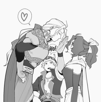 Rule 34 | 1girl, 2boys, armor, breastplate, breasts, cape, closed eyes, dress, earrings, edgar roni figaro, final fantasy, final fantasy vi, gloves, greyscale, hair bobbles, hair ornament, hair ribbon, headscarf, heart, ika okura 66, imminent kiss, jacket, jewelry, locke cole, long hair, looking at another, low ponytail, medium breasts, monochrome, multi-tied hair, multiple boys, open mouth, parted bangs, parted lips, ponytail, print shirt, puckered lips, ribbon, sash, shirt, short hair, shoulder armor, single glove, spoken heart, strapless, strapless dress, tina branford, tube dress, upper body, waist sash, white background