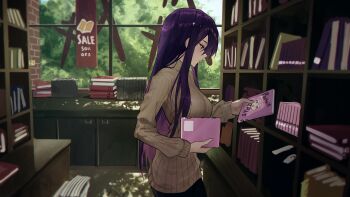 1girl book bookshelf doki_doki_literature_club english_text eyelashes hair_ornament hairclip highres holding holding_book indoors japanese_text leaves long_hair looking_at_object official_alternate_costume pants purple_eyes purple_hair sweater tree very_long_hair vyva window yuri_(doki_doki_literature_club)