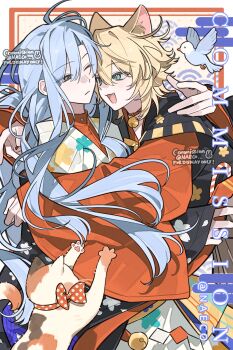 2boys animal_ears bell bird bishounen blonde_hair blue_eyes blue_hair bow cat cat_boy cat_ears evodtonaeco hair_between_eyes highres hug japanese_clothes long_hair long_sleeves male_focus multiple_boys neck_bell one_eye_closed open_mouth original short_hair smile wide_sleeves