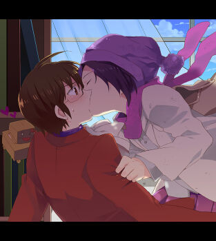 Rule 34 | 1boy, 1girl, assertive female, bad id, bad pixiv id, bag, blush, brown eyes, brown hair, clothes grab, coat, ascot, closed eyes, glass, glasses, handbag, hat, heart, hetero, indoors, jacket, kami nomi zo shiru sekai, katsuragi keima, kiss, kurakawa akari, lab coat, letterboxed, long sleeves, pink scarf, purple hair, red jacket, roco-chan, scarf, school uniform, short hair, sinaooo, surprised, upper body, white coat, wide-eyed, window