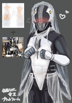 1boy armor armor_under_clothes belt blush bridal_lingerie bridal_veil collar crossdressing crossdressing_(mtf) dress embarrassed frilled_collar frills heart helmet highres japanese_text kamen_rider kamen_rider_den-o kamen_rider_den-o_(series) lingerie male_focus mask masked masked_male nogami_ryoutarou reference_photo_inset see-through_clothes see-through_dress skimpy_outfit translucent underwear veil white_dress