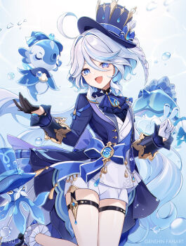 1girl 6u_(eternal_land) blue_eyes furina_(genshin_impact) genshin_impact gloves hat heterochromia long_sleeves medium_hair solo thigh_strap