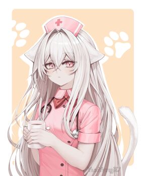 1girl animal_ears bow bowtie breasts cat_ears cat_girl cat_tail hair_between_eyes hat highres long_hair nurse nurse_cap original pink_eyes pink_hat red_bow red_bowtie short_sleeves stethoscope tail tail_raised yangie37