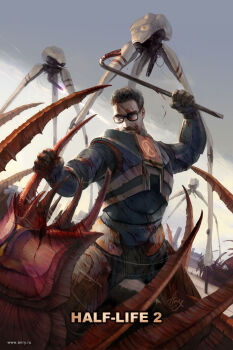 1boy alien anry claws copyright_name crowbar cyborg fighting glasses gordon_freeman half-life half-life_(series) half-life_2 hev_suit highres holding holding_crowbar male_focus solo_focus strider_(half-life) tentacles