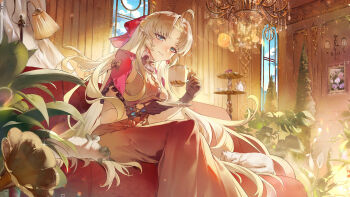 1girl absurdres ahoge alternate_costume black_gloves blue_eyes bow breasts carlotta_(wuthering_waves) closed_mouth couch dasha dress earrings gloves hair_bow highres holding holding_plate indoors jacket jewelry long_hair looking_at_viewer medium_breasts on_couch parted_bangs phonograph pink_bow pink_jacket plate revision sitting smile solo very_long_hair white_dress white_hair wuthering_waves